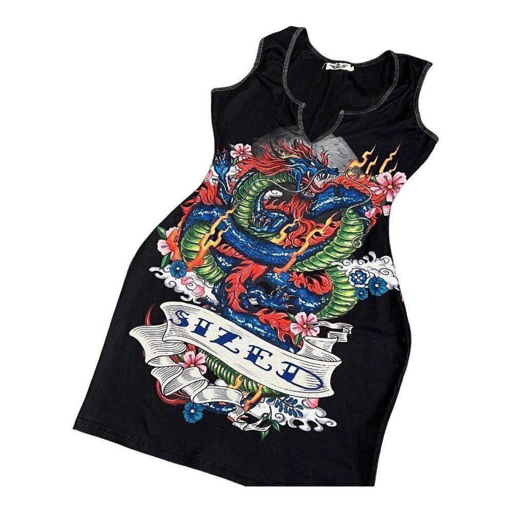 Vintage Sizer Dragon Graffiti Bodycon Dress Mini Tattoo Floral Colorful‎ WMNS M